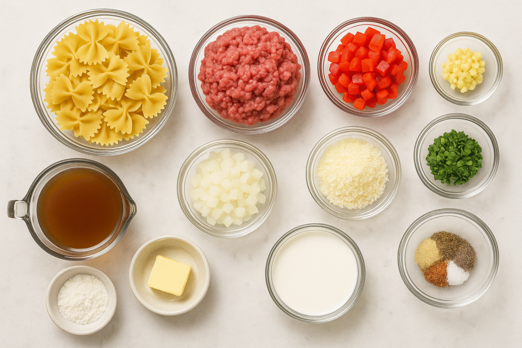 Ingredients You’ll Need for Creamy Beef and Bowtie Pasta