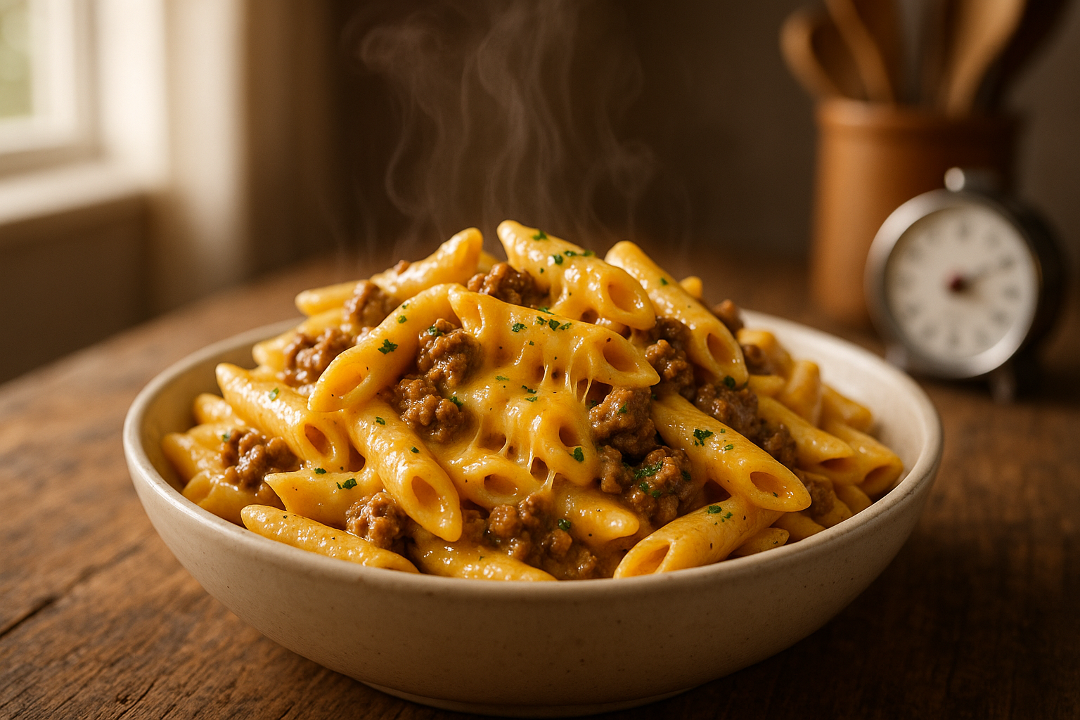 Cheesy Penne with Garlic Butter Ground Beef