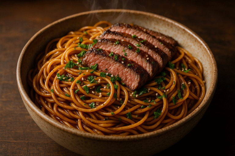 Sweet and Spicy Garlic Steak Pasta