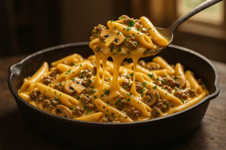 Creamy Velveeta Beef Stroganoff and Penne Pasta
