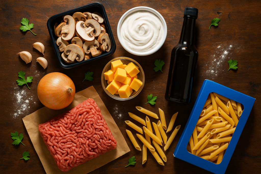 Ingredients You’ll Need Creamy Velveeta Beef Stroganoff and Penne Pasta