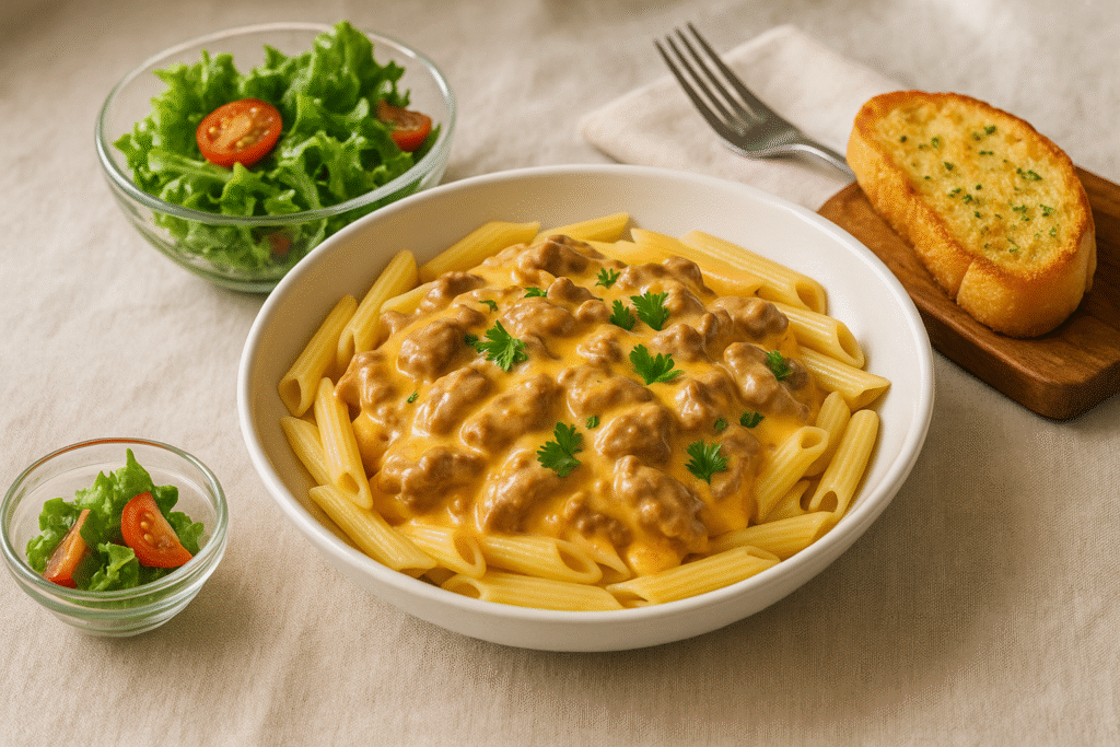 Serving Suggestions Creamy Velveeta Beef Stroganoff and Penne Pasta